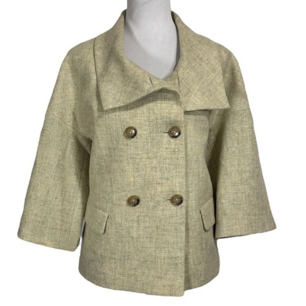 Talbots Double Breasted Blazer Jacket‎ Size 8 100% Wool Yellow Green Boxy Crop